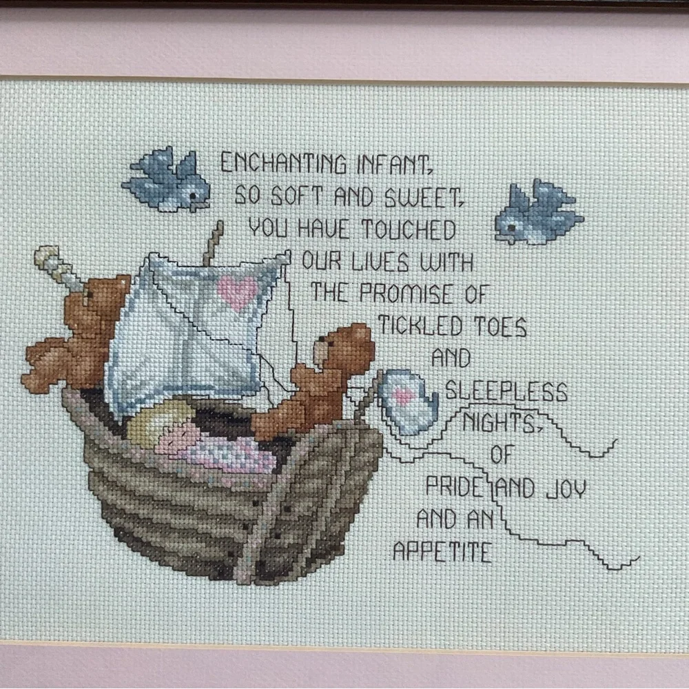 Vintage 1990s Baby Cross Stitch Sampler Framed Nursery Wall Art Cottagecore